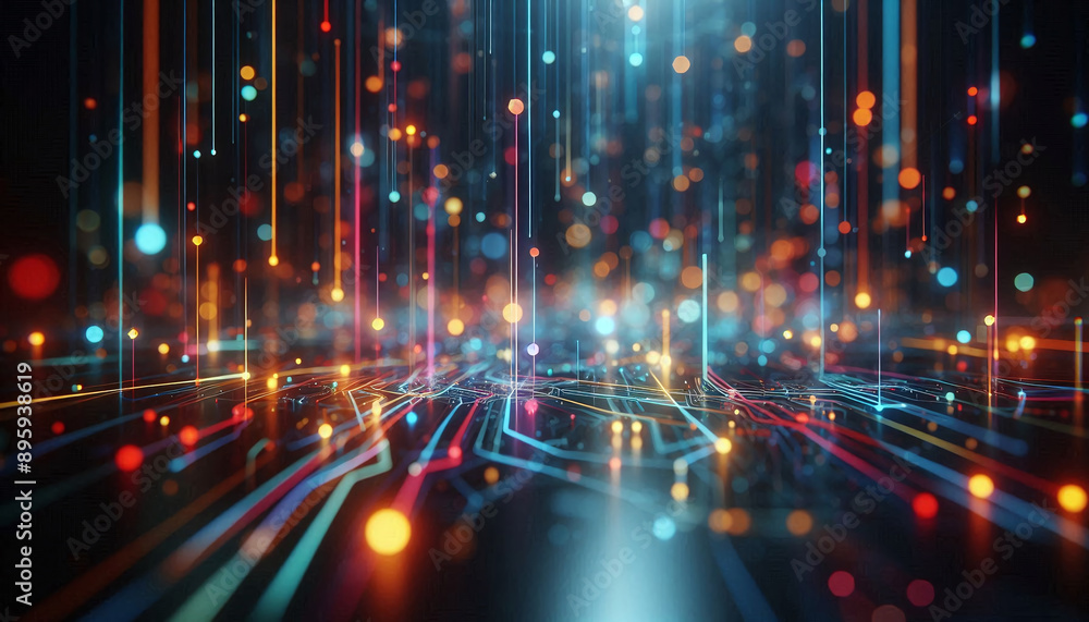 Poster abstract background from colored technological neon lines glowing in dark room