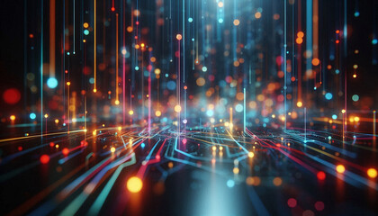 Fototapeta premium Abstract background from colored technological neon lines glowing in dark room