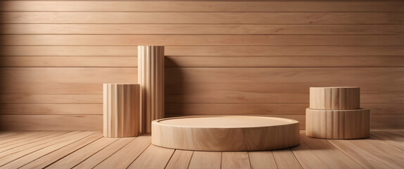 wood podium for display product. Background for cosmetic product branding, identity and packaging inspiration