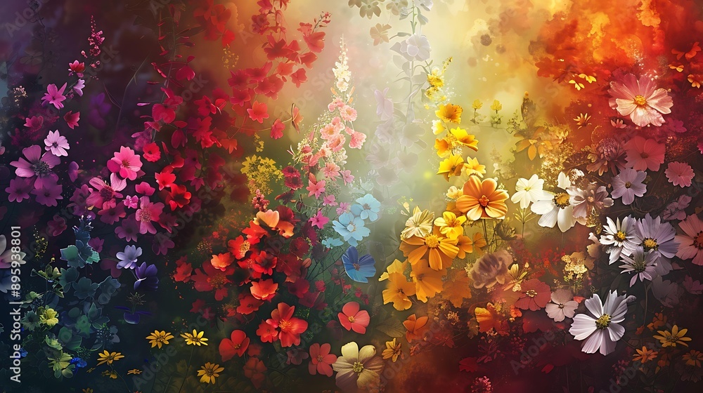 Poster an enchanting background featuring a blend of different flowers in a spectrum of colors, creating a 