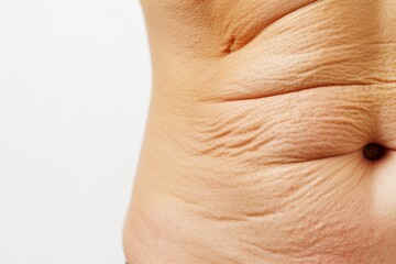 Fototapeta premium Sagging abdominal skin after weight loss. Close-up of abdomen with Fat folds, banner for plastic surgery clinic