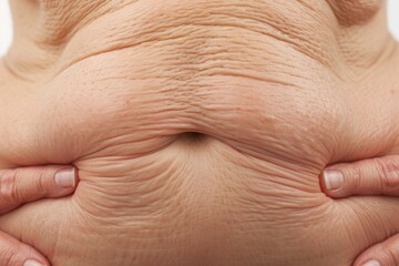 Fototapeta premium Sagging abdominal skin after weight loss. Close-up of abdomen with Fat folds, banner for plastic surgery clinic