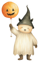Fototapeta premium PNG Bear holding halloween pumpkin balloon cartoon white background anthropomorphic.