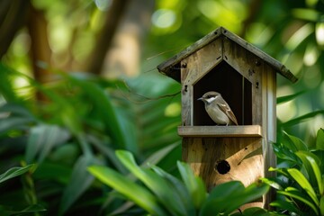 Serene Bird at wooden Birdhouse Entrance. A bird perches calmly at the entrance of a wooden birdhouse