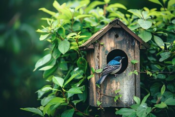 Serene Bird at wooden Birdhouse Entrance. A bird perches calmly at the entrance of a wooden birdhouse