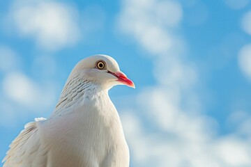 Serene White Dove Against Blue Sky background with copy space. Close-up of a peaceful white dove, symbol of peace