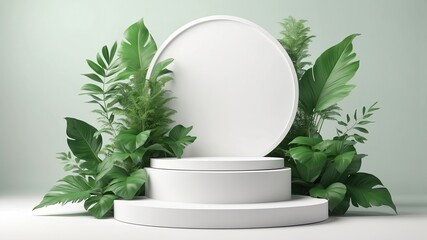 3D Podium for display product with green leaves on white background