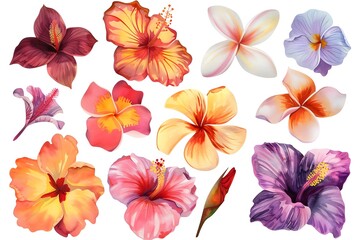 Water color painting of mixed exotic blossoms from tropical regions.