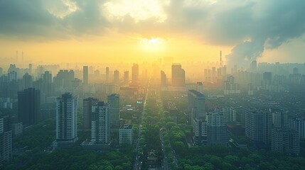 Fototapeta premium A city skyline with a large sun in the sky