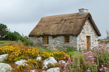 Stone cottage with thatched roof and flowering meadow.