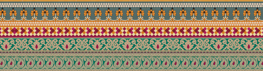 Textile digital border mughal motif in ethnic style floral allover tie and dye patterns for women fabric printing  © Sonex