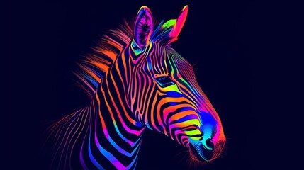 Neon zebra portrait with vibrant colors, digital art on dark background. Modern abstract animal concept