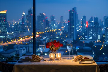 Table for lover at outdoor rooftop luxury restaurant, romantic dinner with modern city view