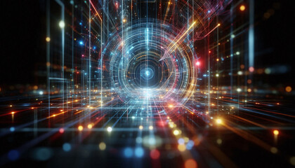 Abstract background from colored technological neon lines glowing in dark room