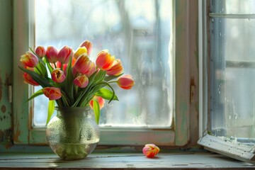 still life with a bouquet of tulips in a vase by the window on the windowsill