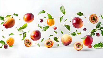 Naklejka premium Fresh apples, oranges, and green leaves on a white background, highlighting the fruit's vibrant and healthy qualities.