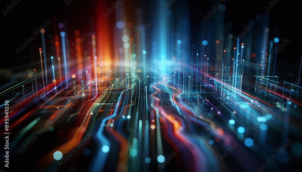 Aufkleber abstract background from colored technological neon lines glowing in dark room