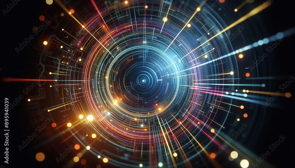 Poster abstract background from colored technological neon lines glowing in dark room