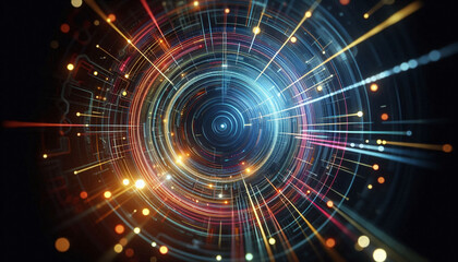 Obraz premium Abstract background from colored technological neon lines glowing in dark room