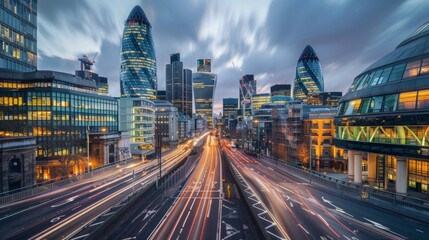 Fototapeta premium city ​​at night with tall buildings on a road with cars with sweeping effect