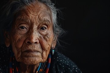 The portrait is of an old native american female on a dark background, using generative artificial intelligence