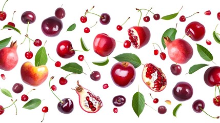 Fresh cherries and pomegranates with green leaves on a white background, highlighting the fruit's vibrant and juicy qualities