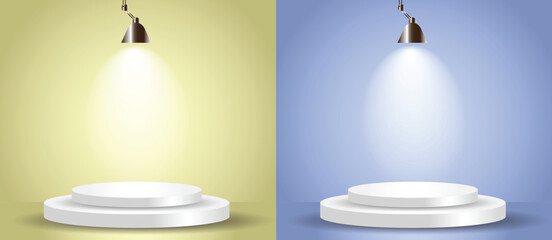 Vector spot lightened stage background. White lamp glow for display product, banner and show. flash sale background