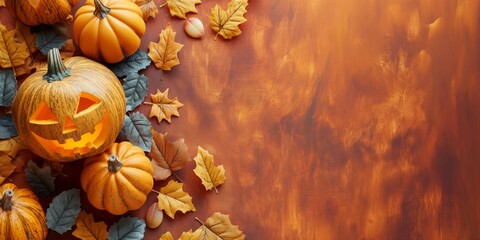 A festive Halloween-themed background featuring carved pumpkins, autumn leaves, and a warm orange backdrop