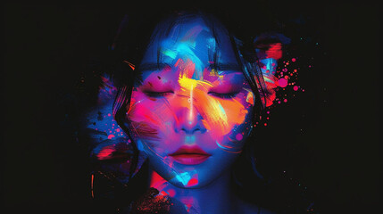 Vivid portrait of a beautiful Korean woman with colorful strokes and spots of paint on a black background