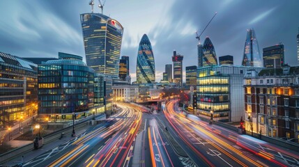 Obraz premium city ​​at night with tall buildings on a road with cars with sweeping effect