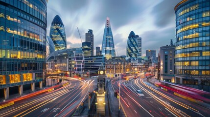 Obraz premium city ​​at night with tall buildings on a road with cars with sweeping effect