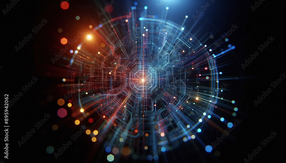 Aufkleber Abstract background from colored technological neon lines glowing in dark room