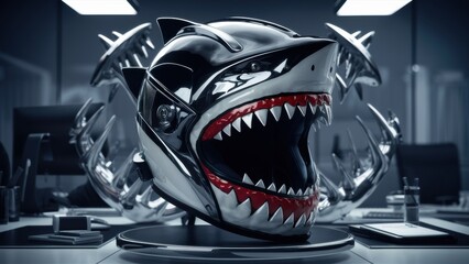 A helmet with a shark mouth on it sitting in front of some other stuff, AI