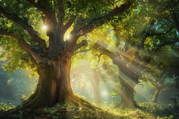 Sunlight beams through the branches of ancient trees in a lush forest.