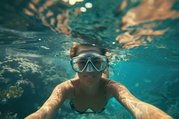 Naklejka premium woman in a mask diving underwater, snorkeling, ocean, swimming, coral reef, sea blue water