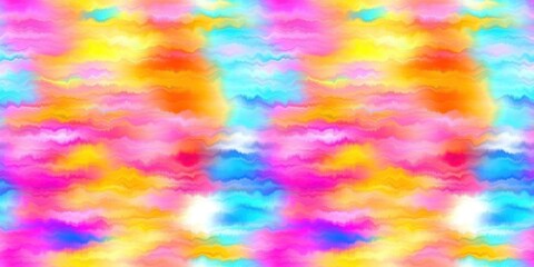 Modern rainbow blur summer seamless border pattern for a funky hippy mood. Wavy blur bleed melt ink banner edging effect in vibrant gradient tie dye colors. 