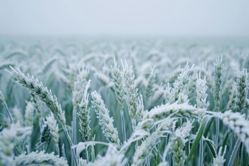 Young green wheat field with hoar-frost. Landscape background, wheat ears covered with snow
