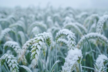 Young green wheat field with hoar-frost. Landscape background, wheat ears covered with snow