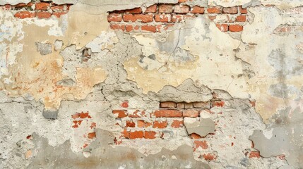 Obraz premium A detailed view of a cracked and crumbling plaster wall, exposing underlying brick and adding character.