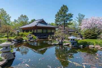 Tranquil Japanese Garden Pond with Koi Fish.