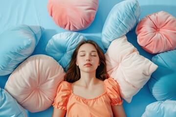 Young woman sleep surrounded by a pile of pillows on a blue pastel background