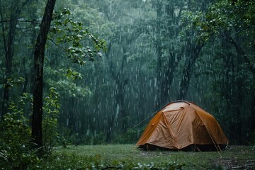 Tent for camping in the wild forest surrounded by rain in summer, Nature relax wallpaper