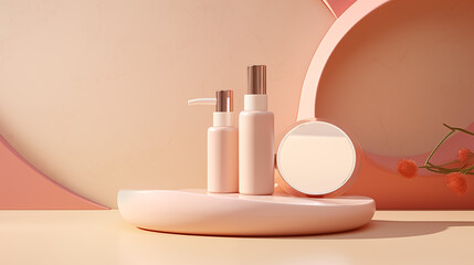 A close-up of a makeup powder container with a brush on a pink background