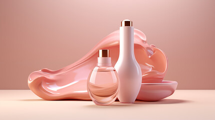 A bottle of pink nail polish and perfume next to a pink rose arranged in a spa setting