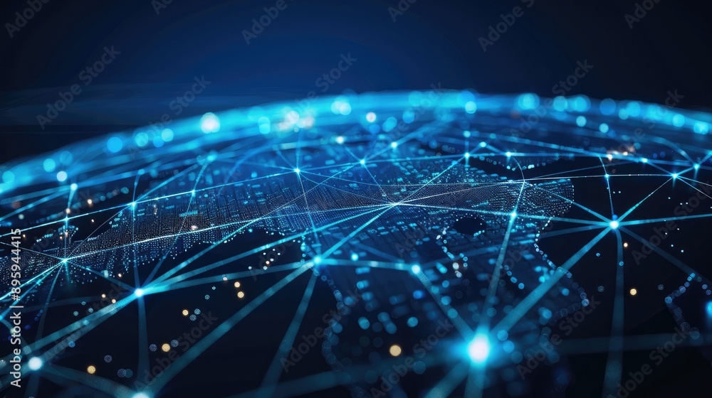 Poster a digital grid with bright points of light representing a global network.