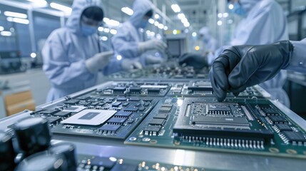A cleanroom environment where technicians are assembling intricate microchips and processors for high-performance computers.