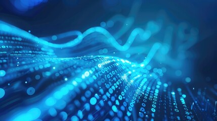 A digital representation of binary code flowing in a blue, futuristic background.
