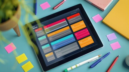 A digital tablet showing a project management app, with sticky notes and pens around.