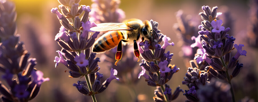 Close-up bee collecting a nectar from the levander flowers during sunset.