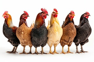 Fototapeta premium Group of colorful chickens standing in a row, facing forward, white background